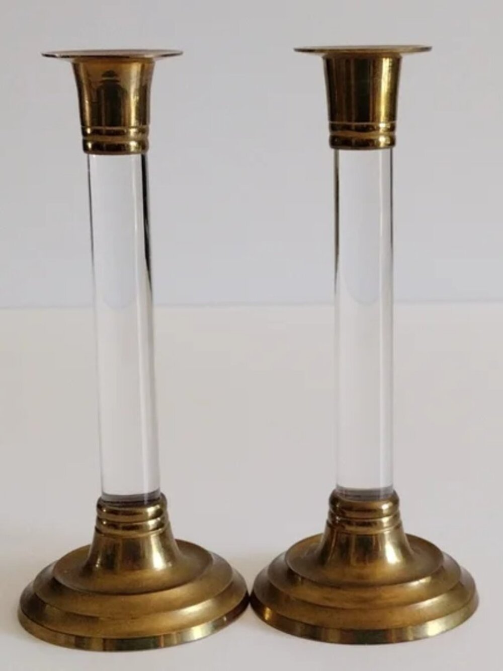MCM Solid Brass and Lucite Candle Holders 7" Handmade India